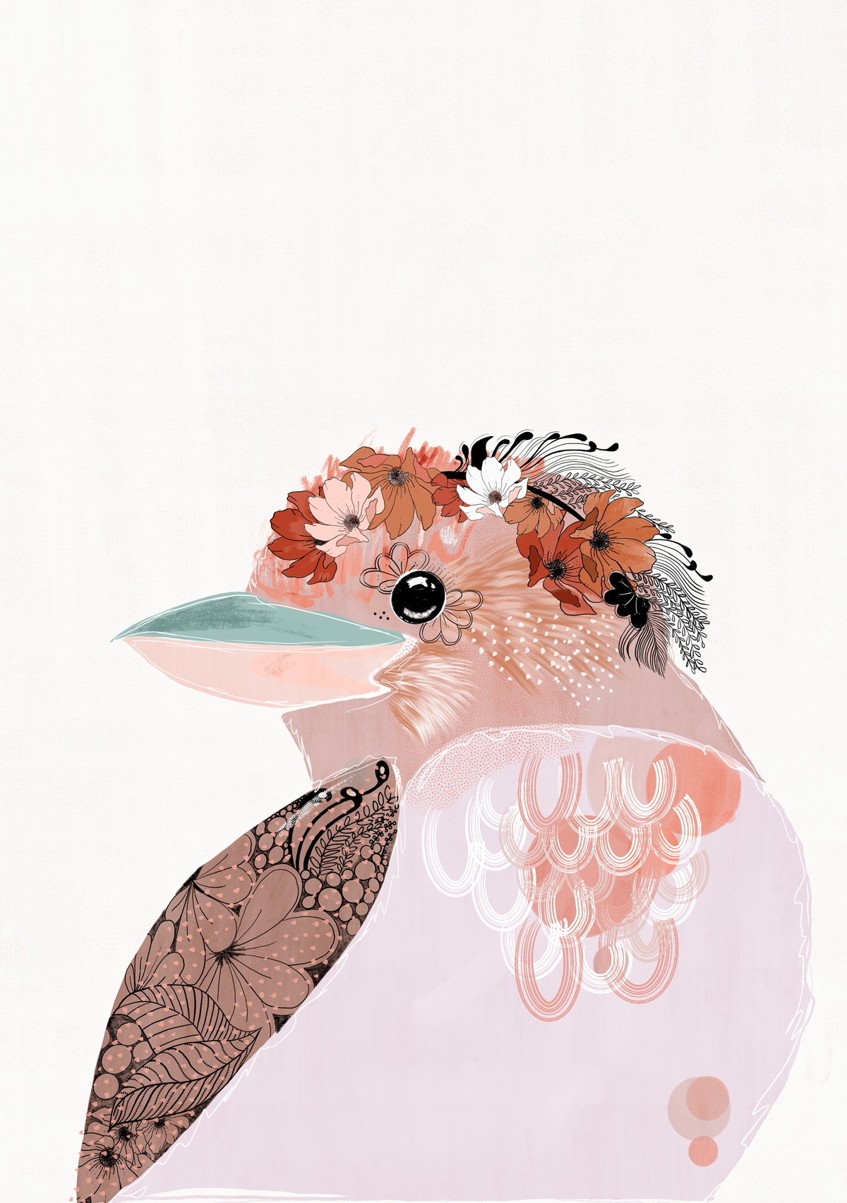 Close-up detail of Grace kookaburra art print by Australian artist Rebecca A Moore showing floral crown and feather textures