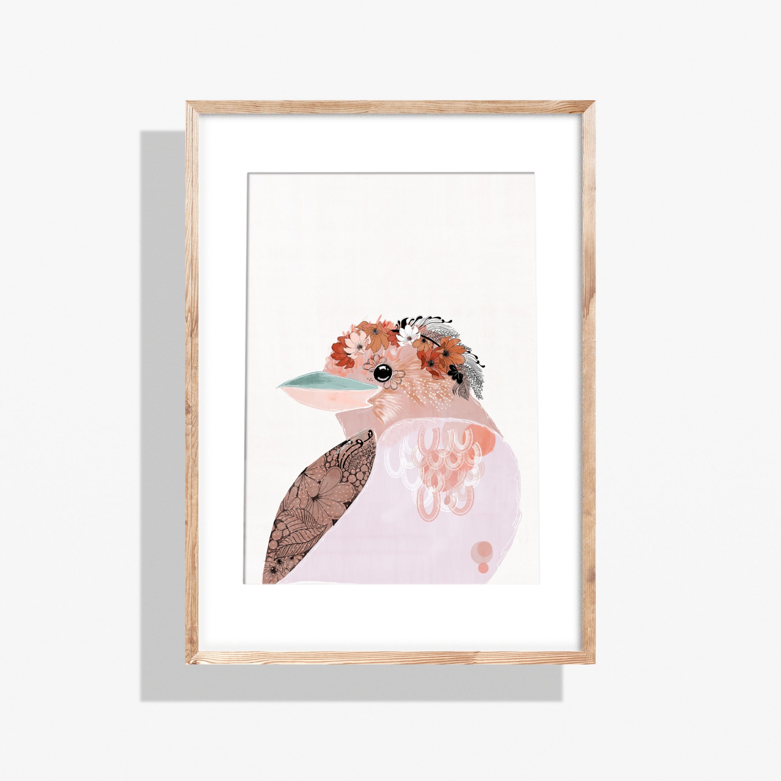 Grace kookaburra art print framed, by Australian artist Rebecca A Moore