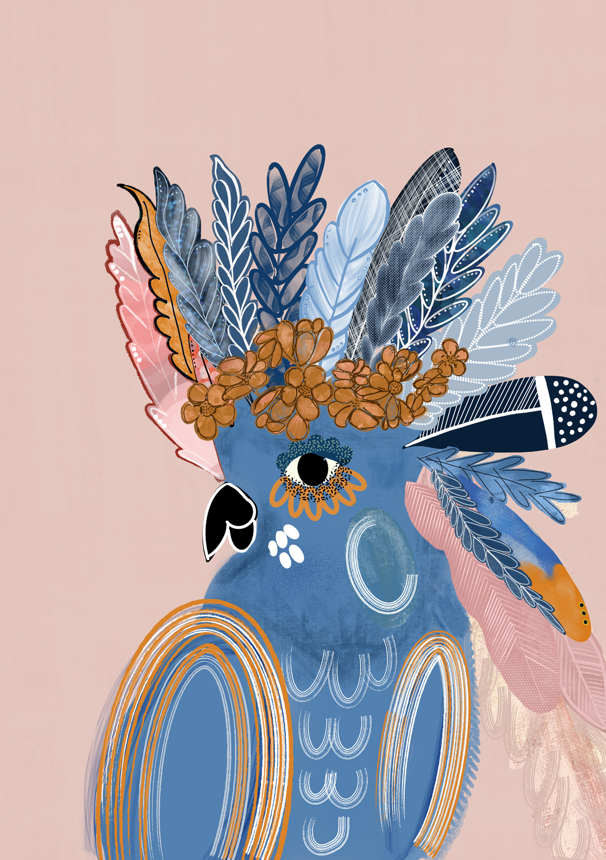 Louie bird art print by Australian artist Rebecca A Moore featuring a blue bird with layered feathers and floral crown