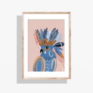 Framed Louie bird art print by Australian artist Rebecca A Moore, shown in a natural timber frame on a white background