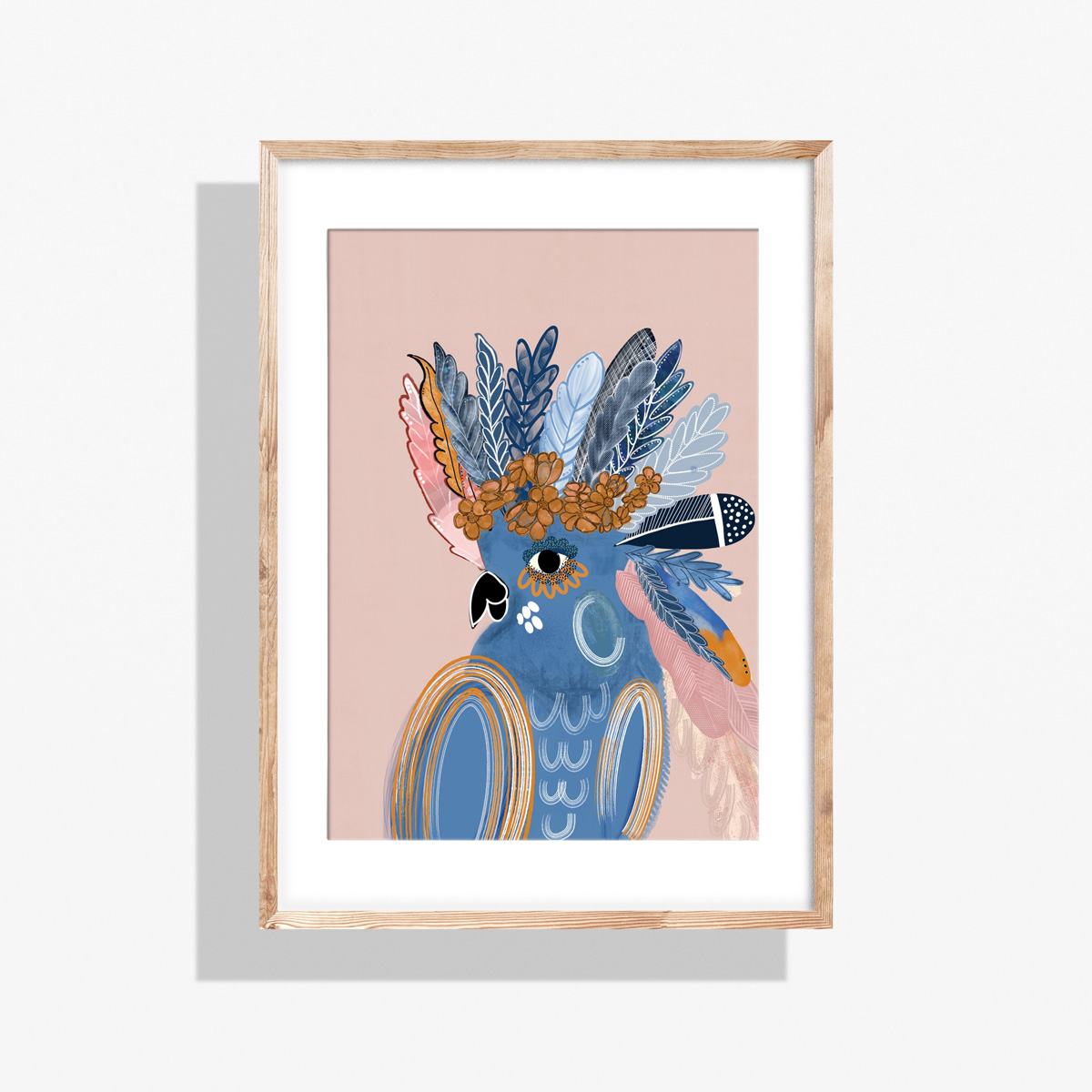Framed Louie bird art print by Australian artist Rebecca A Moore, shown in a natural timber frame on a white background