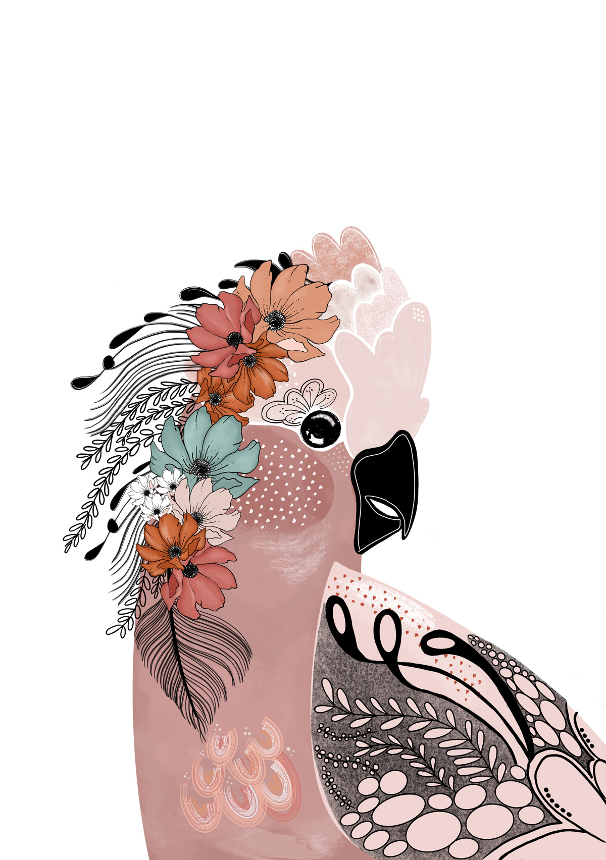 Matilda bird art print by Australian artist Rebecca A Moore featuring a soft pink bird with floral crown and patterned wing
