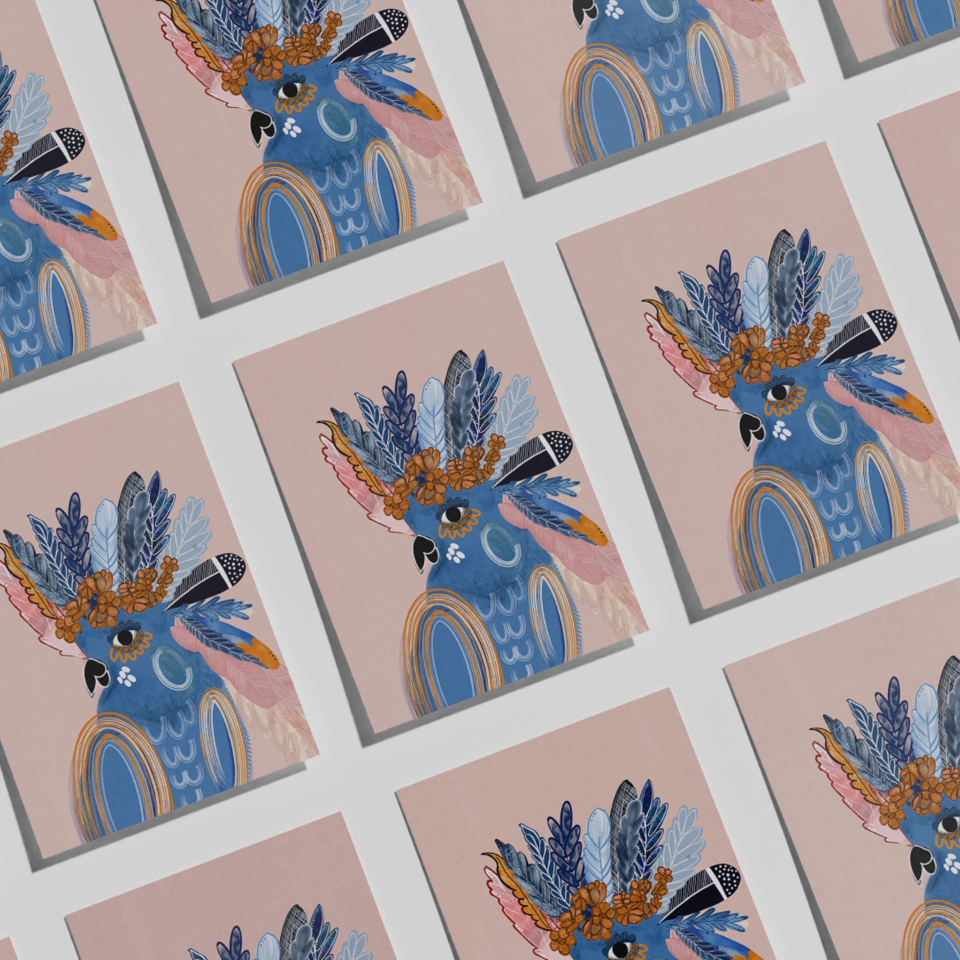 Louie bird art print by Australian artist Rebecca A Moore, shown as repeated unframed prints on a soft pink background