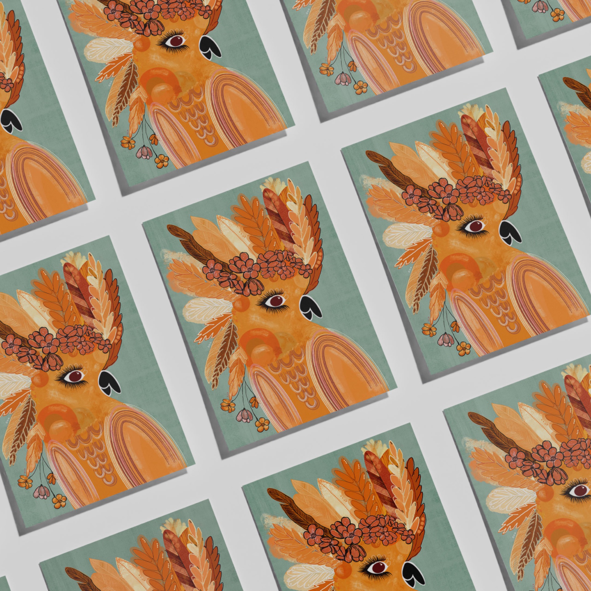 Multiple Thely bird art prints featuring warm orange tones, layered feathers and floral details by Australian artist Rebecca A Moore