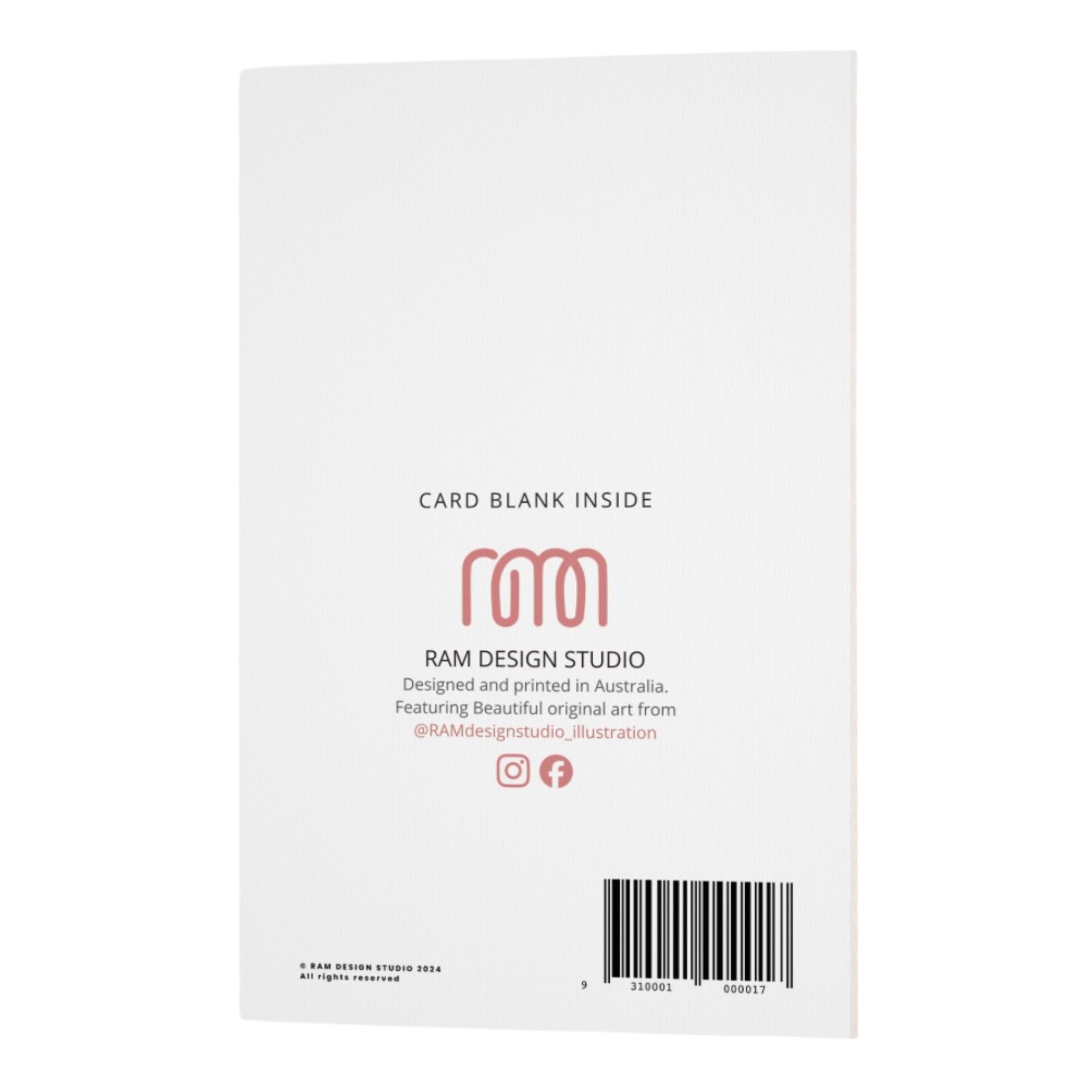 Back of Matilda galah greeting card showing RAM Design Studio branding and barcode