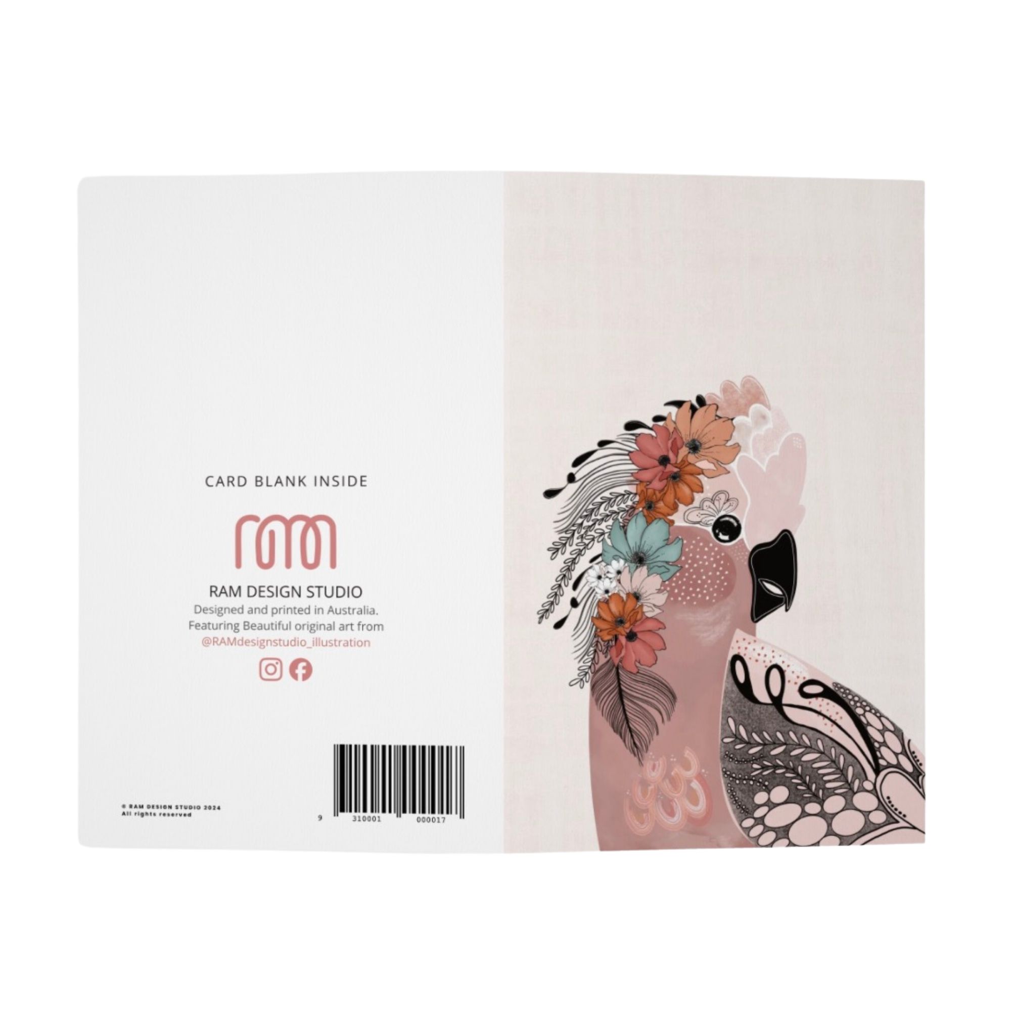 Matilda galah greeting card open showing front illustration and blank inside by RAM Design Studio